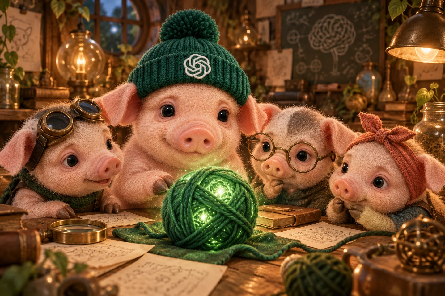 AntroGpt and three piglet helpers discovering a glowing green ball of yarn
