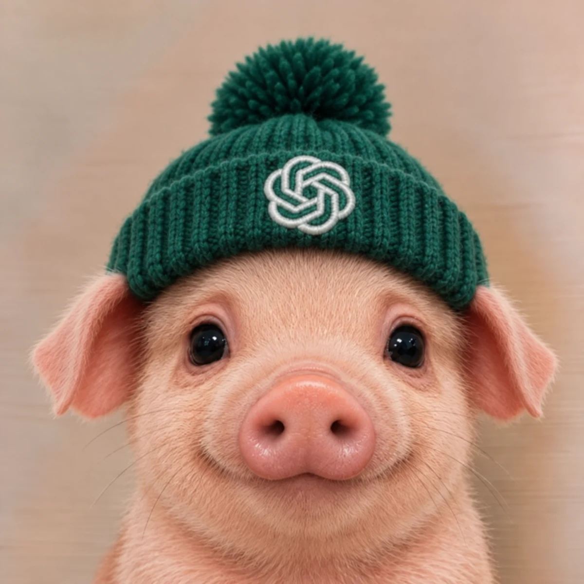 AntroGpt, a peach piglet in a green knitted beanie