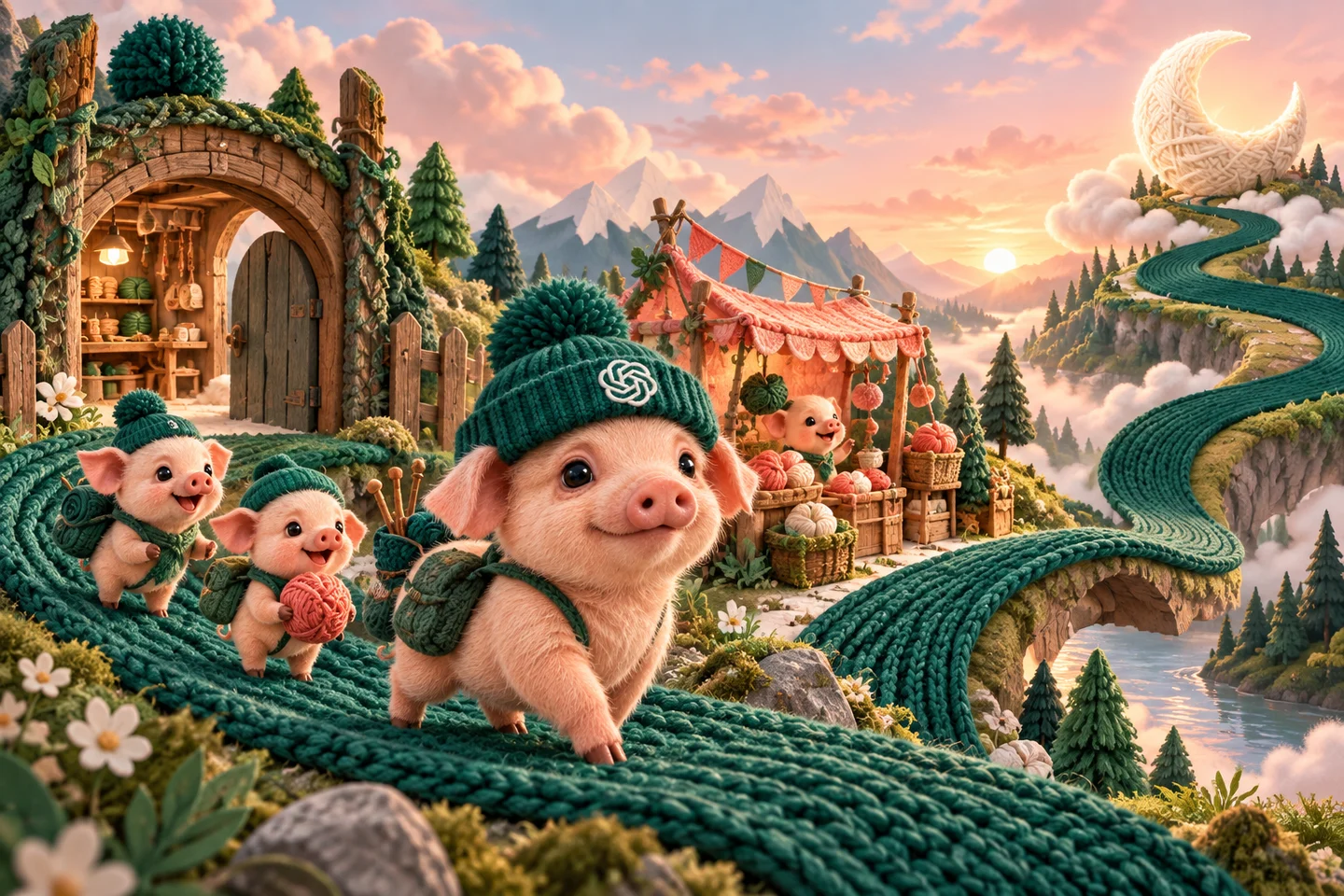The AntroGpt crew following a green yarn road toward a woolen moon